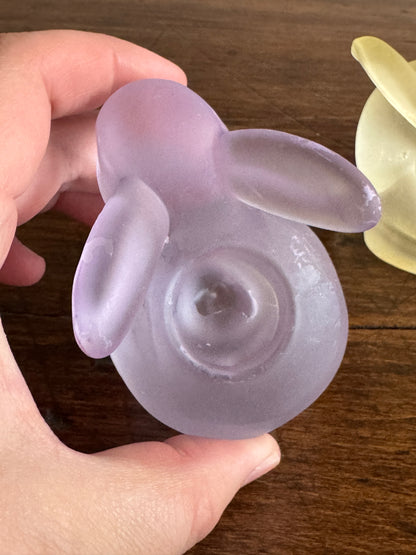Pair of Frosted Glass Bunny Rabbit Candle Holders - Purple and Yellow Spring Decor