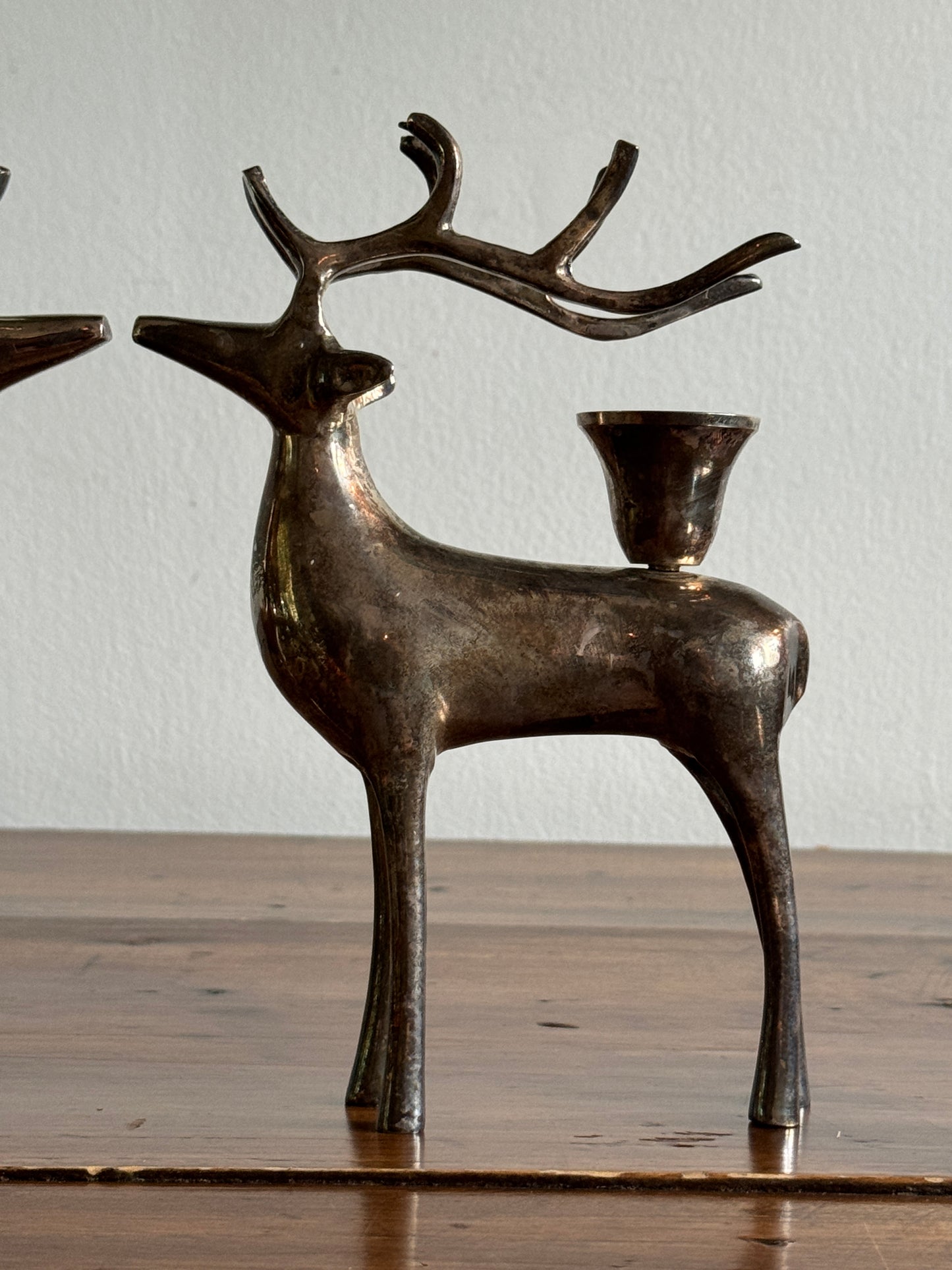 Pair of Pottery Barn Silver Plated Reindeer Candleholders