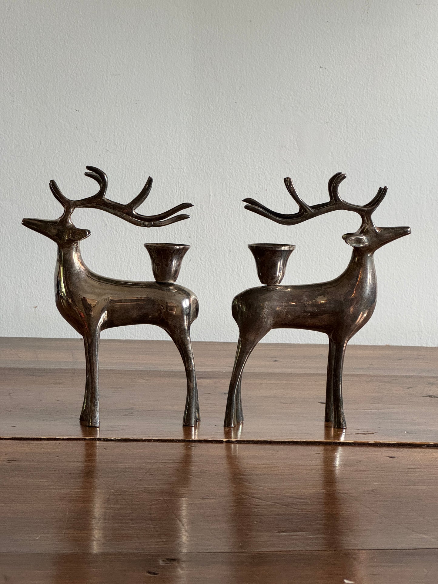 Pair of Pottery Barn Silver Plated Reindeer Candleholders