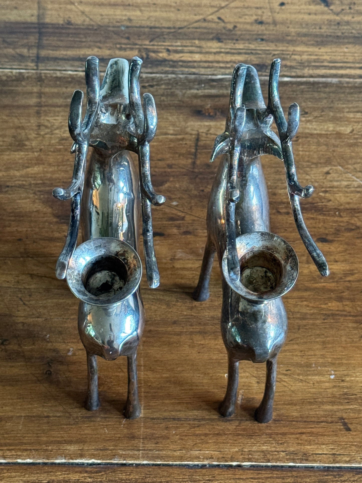 Pair of Pottery Barn Silver Plated Reindeer Candleholders