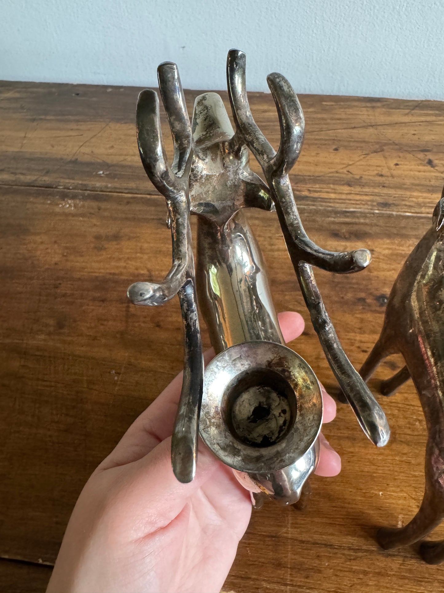 Pair of Pottery Barn Silver Plated Reindeer Candleholders