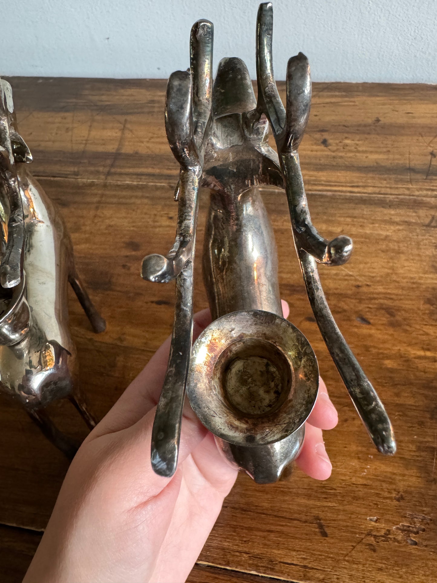 Pair of Pottery Barn Silver Plated Reindeer Candleholders