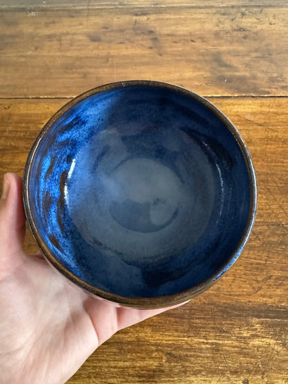 Deep Blue Pottery Bowl with Drip Glaze Feet