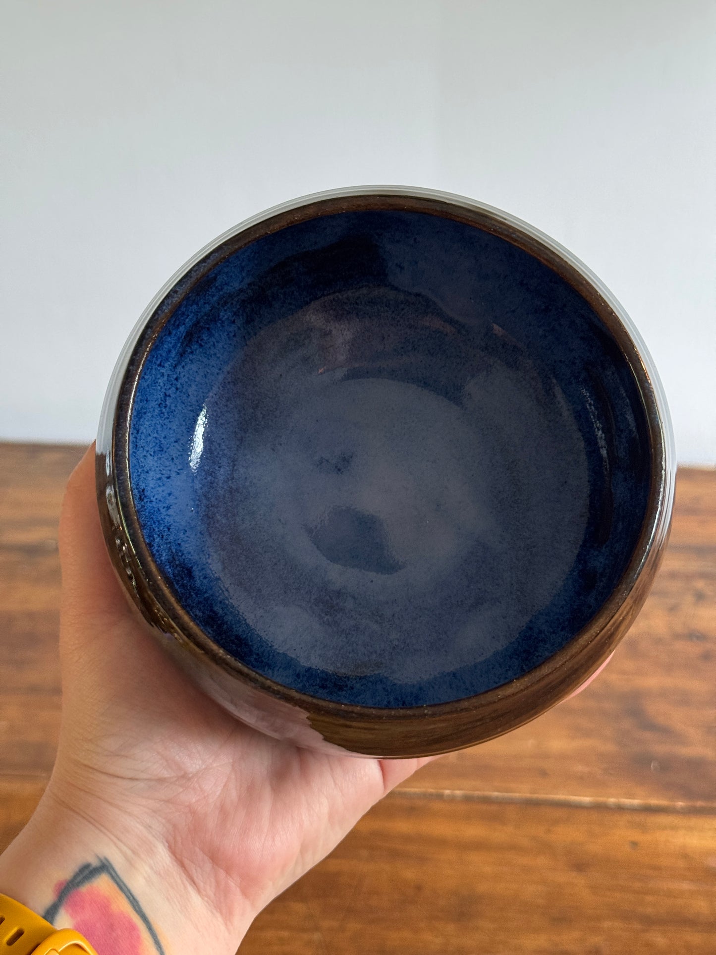 Deep Blue Pottery Bowl with Drip Glaze Feet