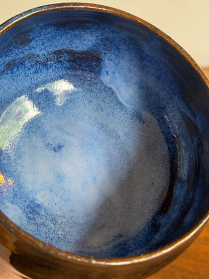 Deep Blue Pottery Bowl with Drip Glaze Feet