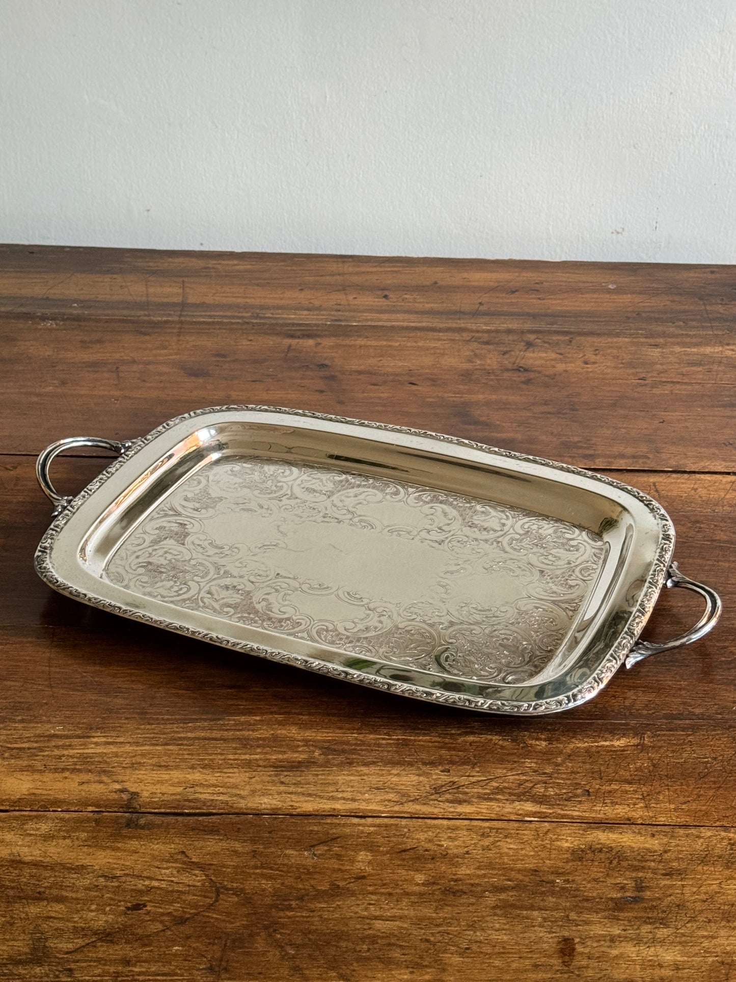 Large Cororel Silver Plated Platter with Double Handles and Etched Detailing