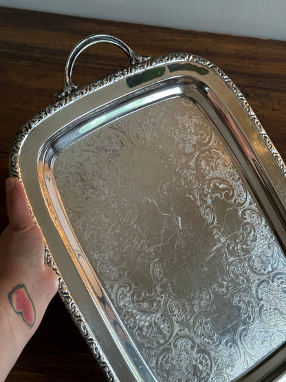 Large Cororel Silver Plated Platter with Double Handles and Etched Detailing