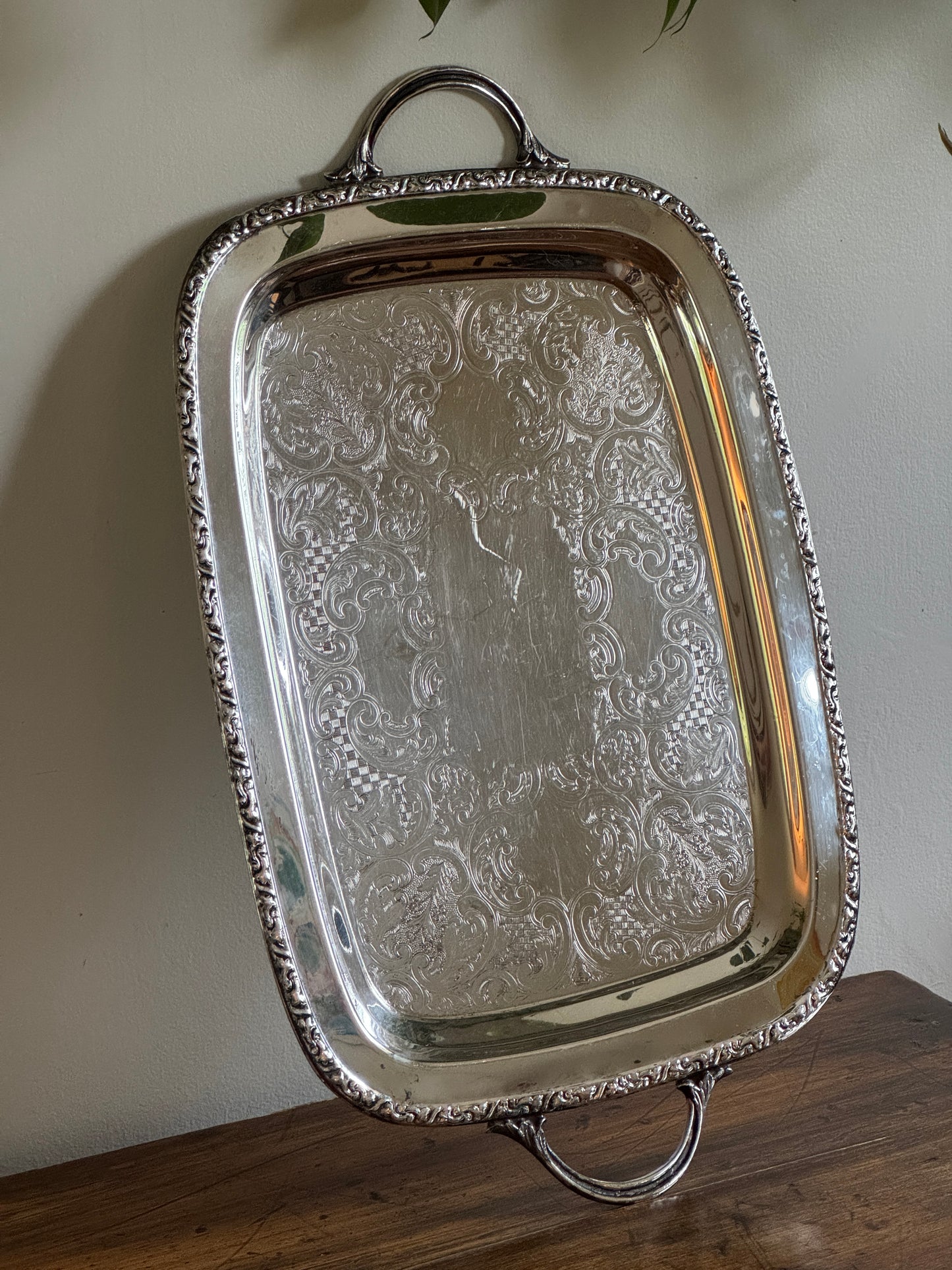Large Cororel Silver Plated Platter with Double Handles and Etched Detailing