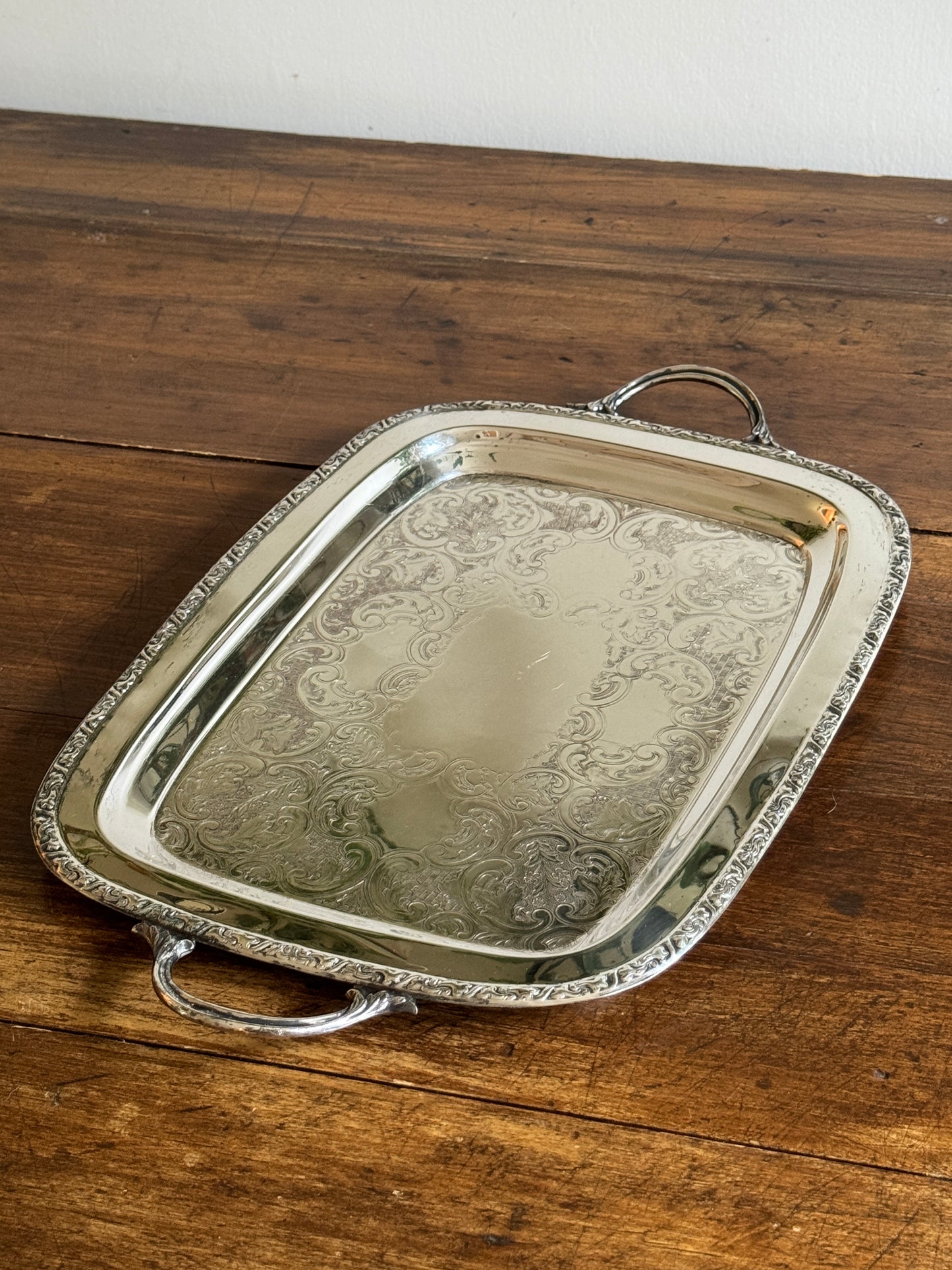Large Cororel Silver Plated Platter with Double Handles and Etched Detailing