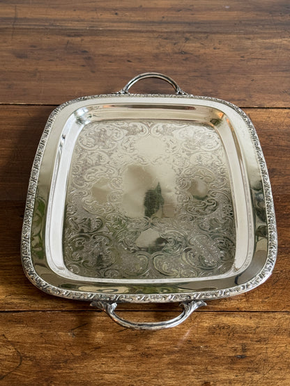 Large Cororel Silver Plated Platter with Double Handles and Etched Detailing