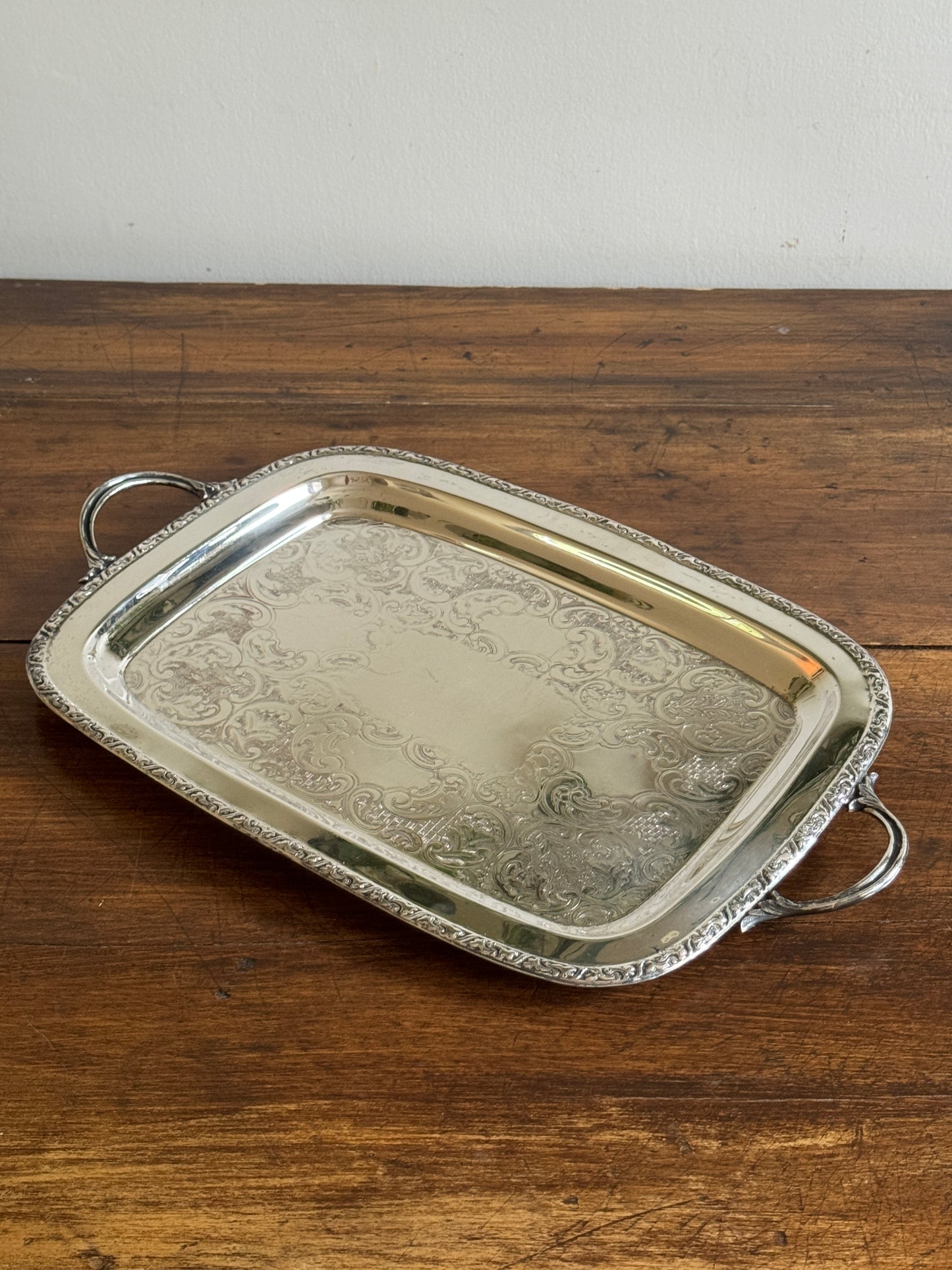 Large Cororel Silver Plated Platter with Double Handles and Etched Detailing