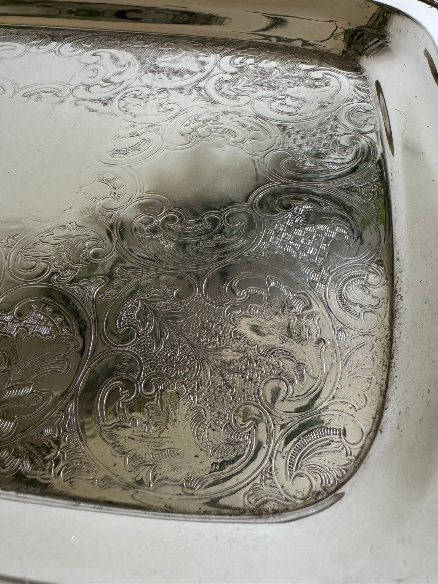 Large Cororel Silver Plated Platter with Double Handles and Etched Detailing