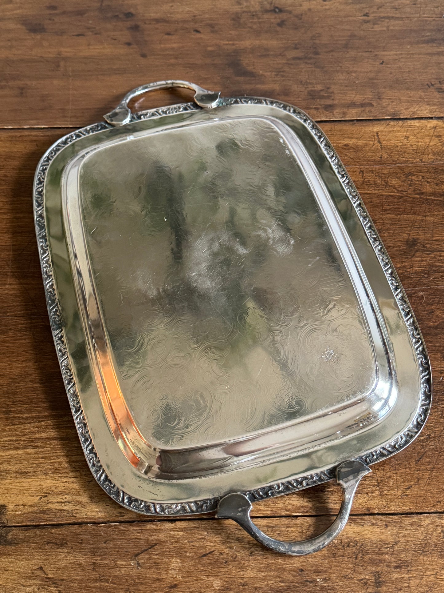 Large Cororel Silver Plated Platter with Double Handles and Etched Detailing