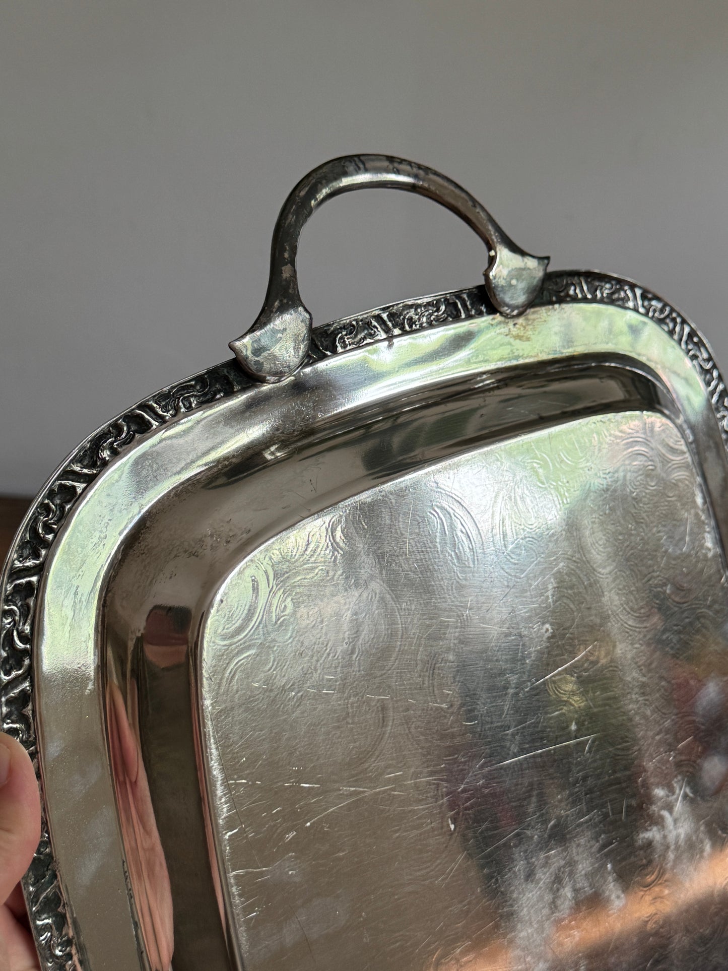 Large Cororel Silver Plated Platter with Double Handles and Etched Detailing