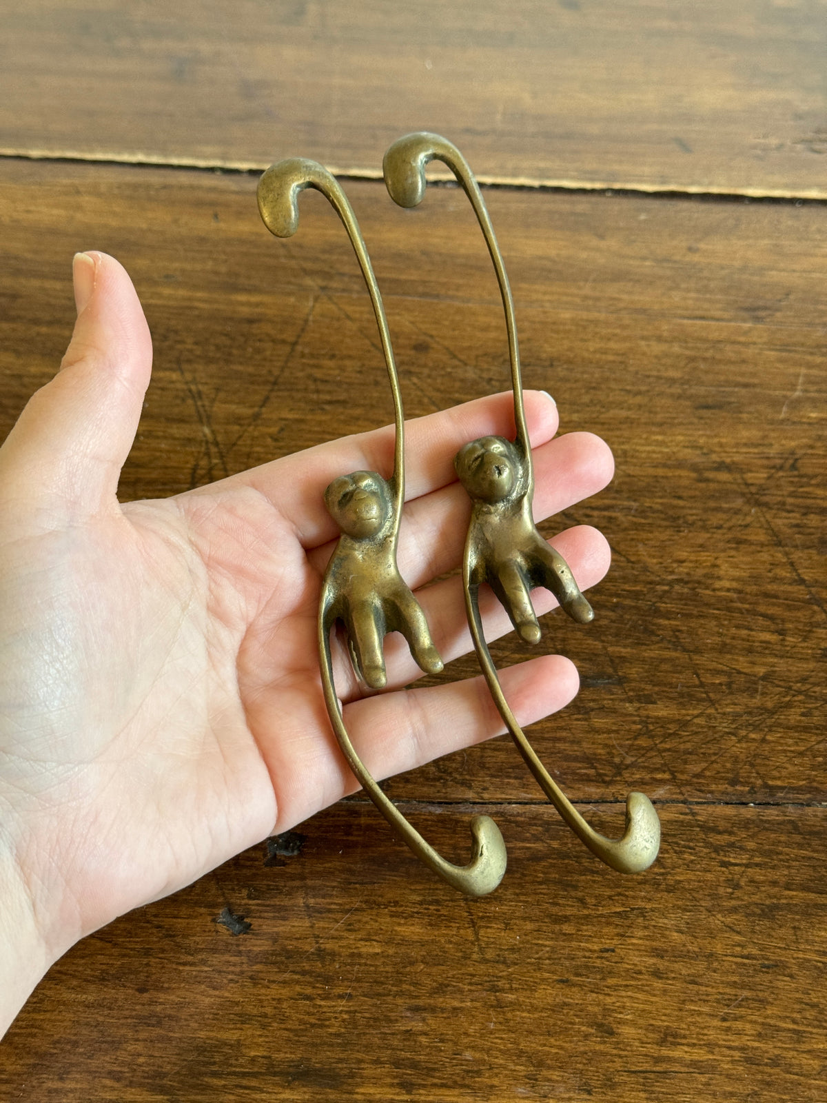 Pair of Vintage Brass Hanging Monkeys - Barrel of Monkeys Chain Decor