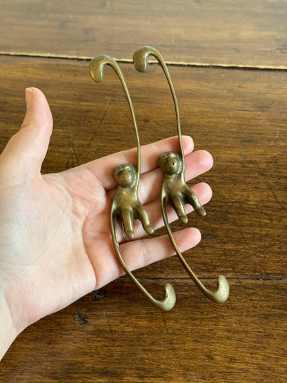 Pair of Vintage Brass Hanging Monkeys - Barrel of Monkeys Chain Decor