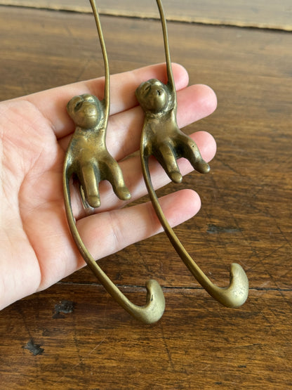 Pair of Vintage Brass Hanging Monkeys - Barrel of Monkeys Chain Decor