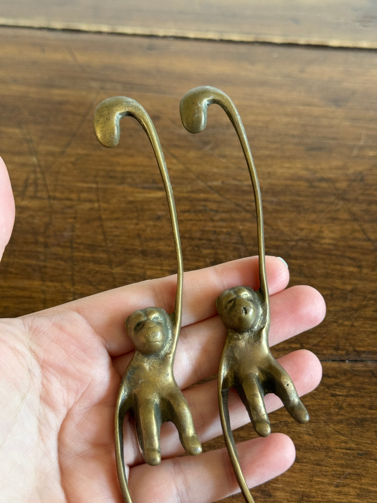 Pair of Vintage Brass Hanging Monkeys - Barrel of Monkeys Chain Decor