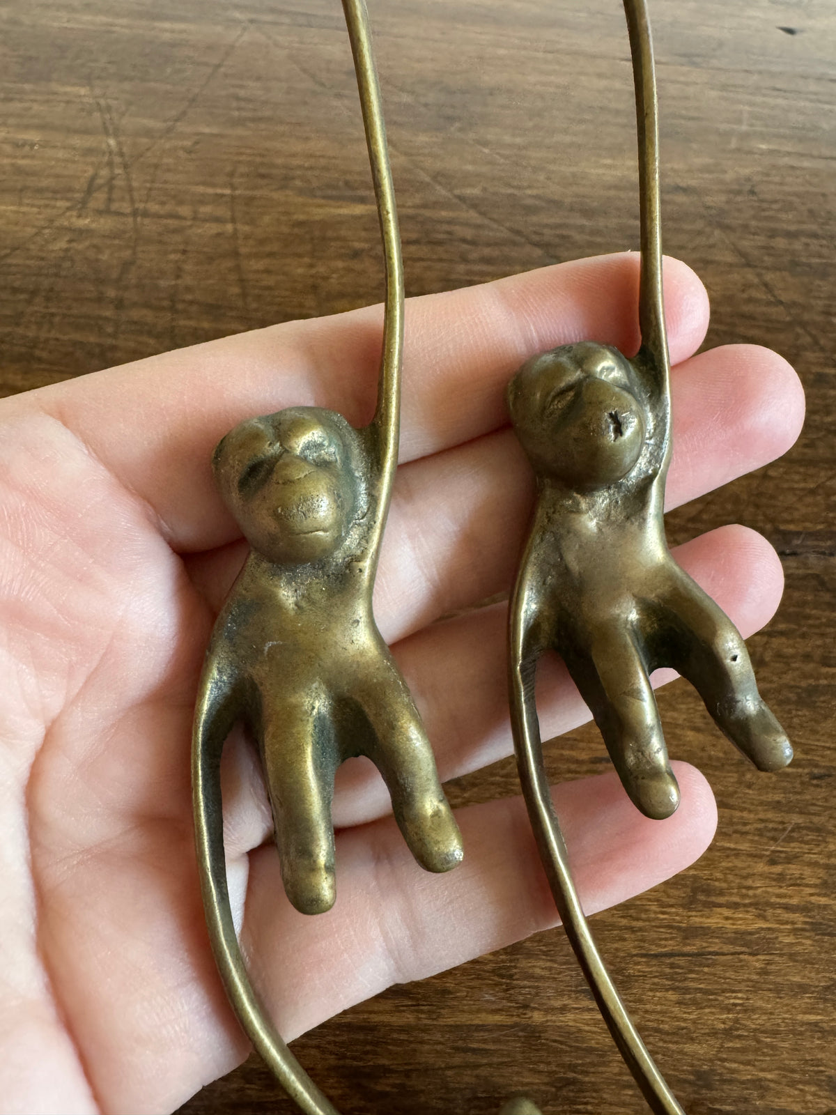 Pair of Vintage Brass Hanging Monkeys - Barrel of Monkeys Chain Decor