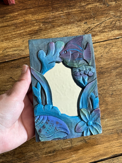 Small Blue Painted and Carved Wood Frame Mirror with Fish Detailing