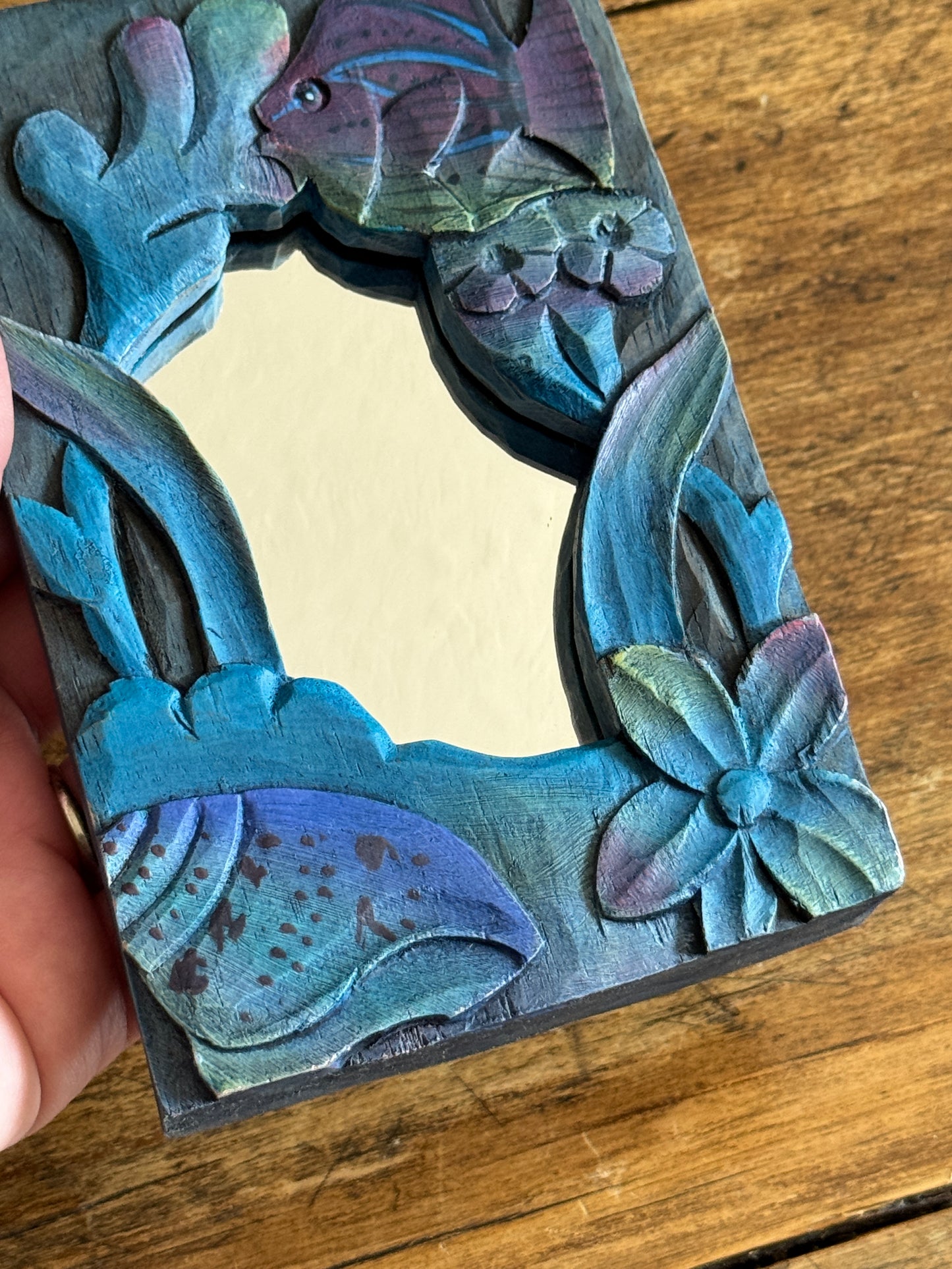 Small Blue Painted and Carved Wood Frame Mirror with Fish Detailing