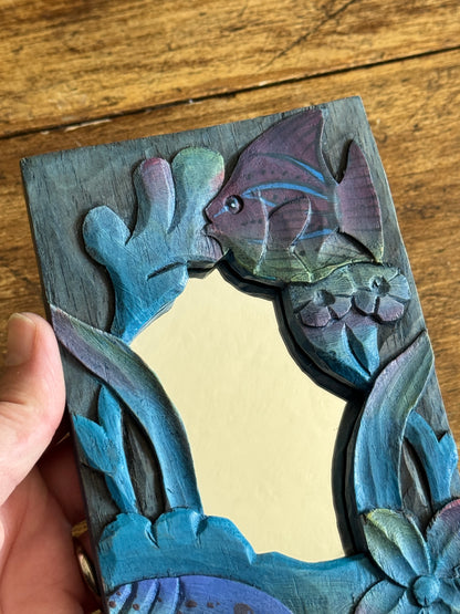 Small Blue Painted and Carved Wood Frame Mirror with Fish Detailing