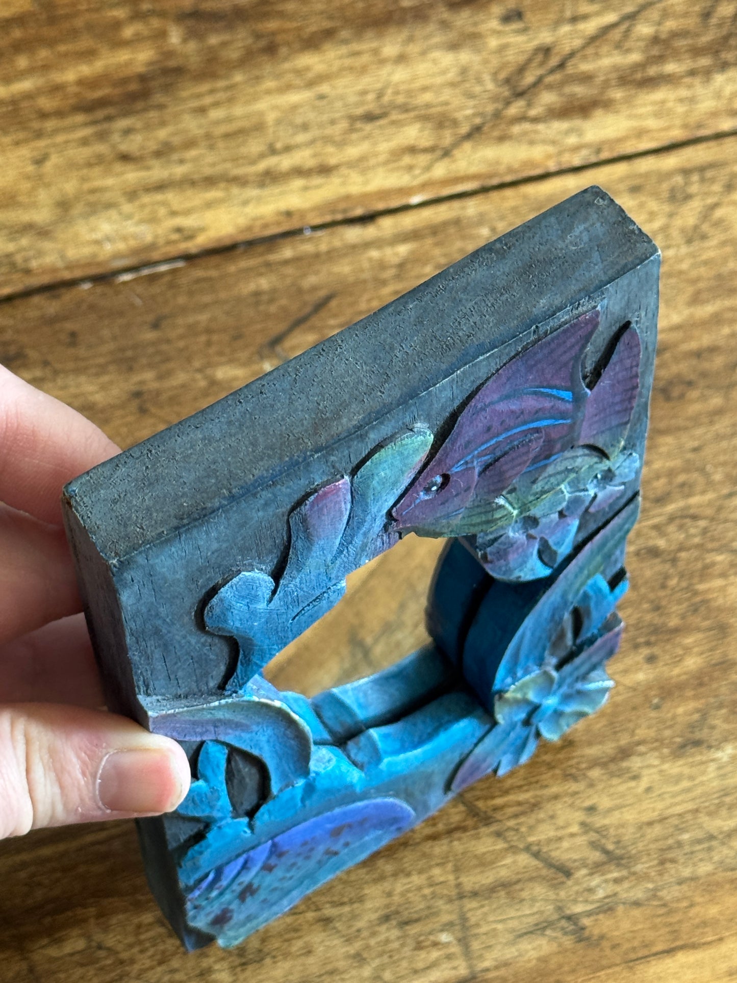 Small Blue Painted and Carved Wood Frame Mirror with Fish Detailing