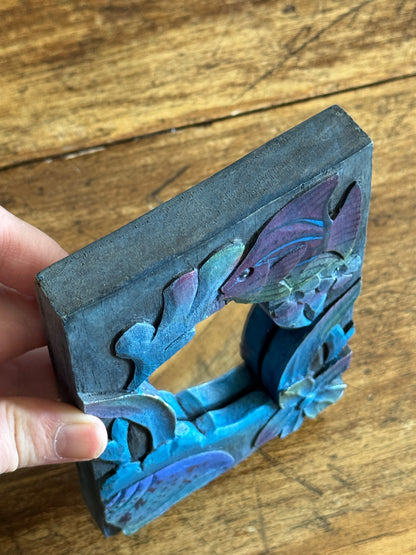 Small Blue Painted and Carved Wood Frame Mirror with Fish Detailing