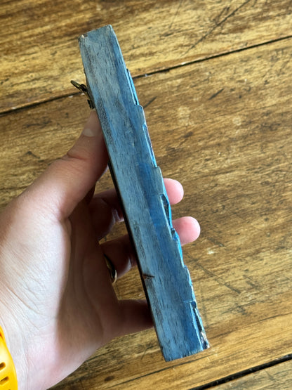 Small Blue Painted and Carved Wood Frame Mirror with Fish Detailing