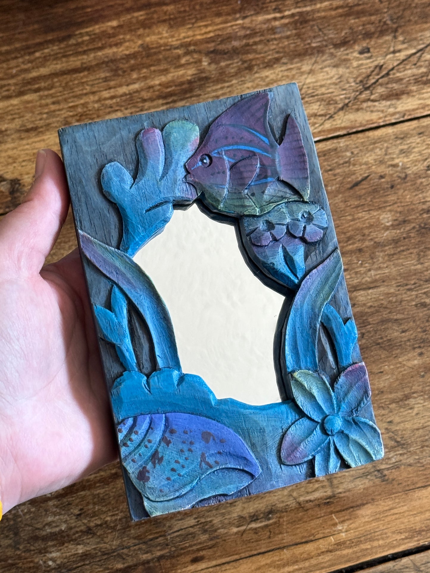 Small Blue Painted and Carved Wood Frame Mirror with Fish Detailing