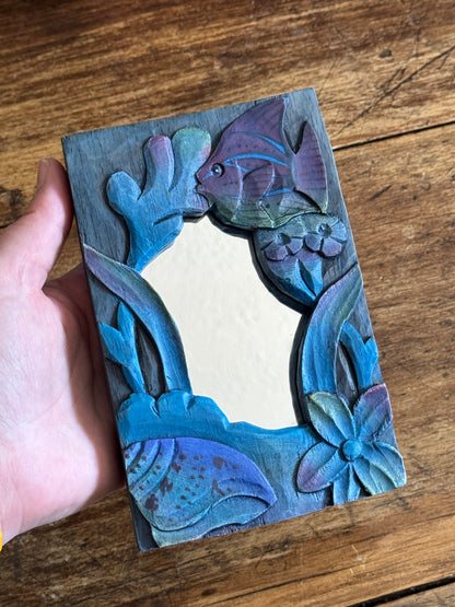 Small Blue Painted and Carved Wood Frame Mirror with Fish Detailing