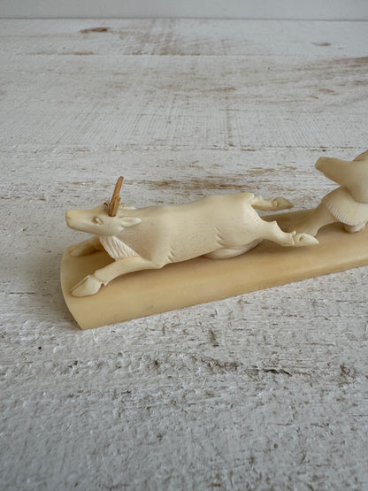 Vintage Miniature Reindeer Hunter Figurine Made with Horn