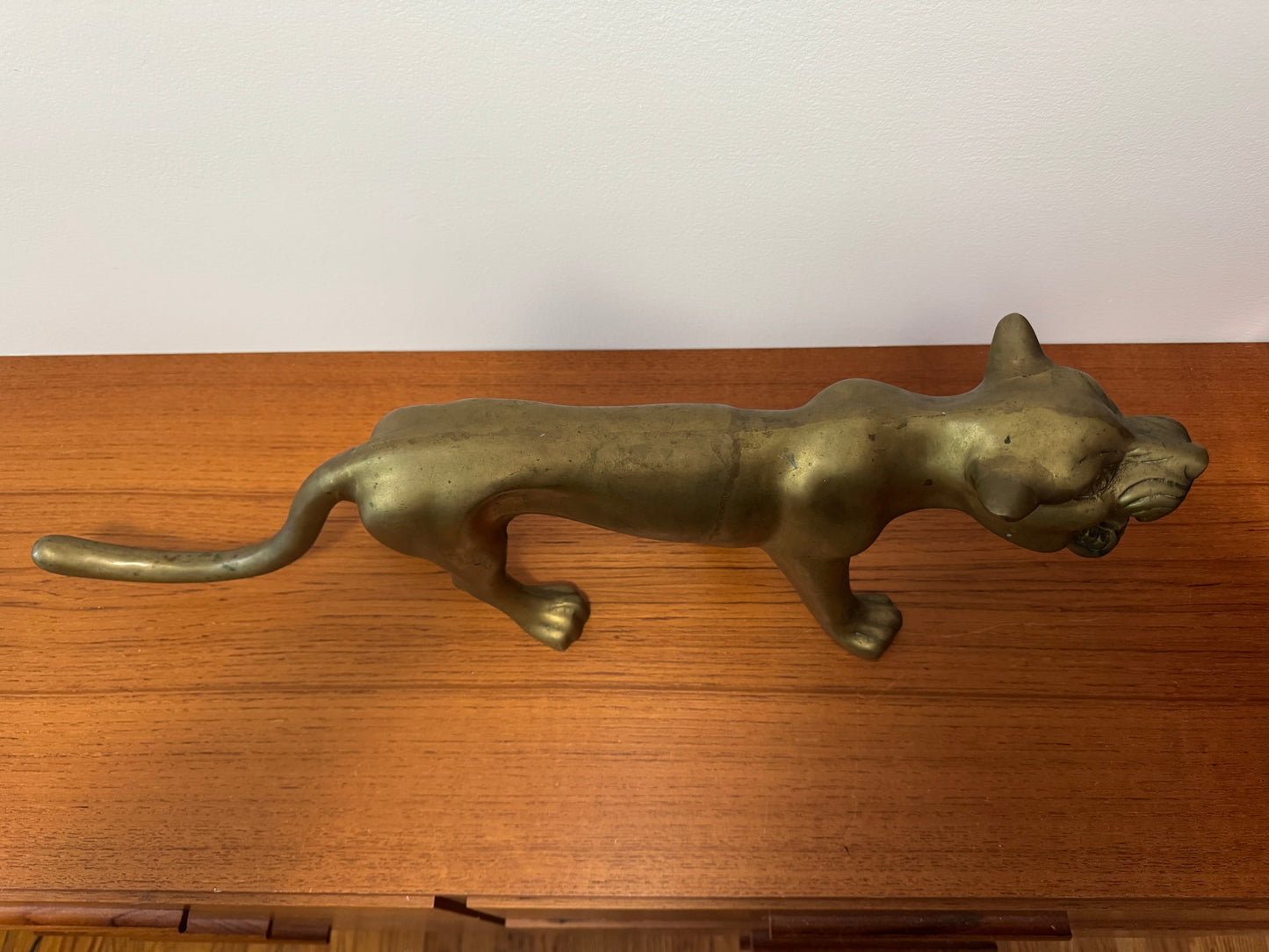 Substantial Vintage Modern Brass Panther Cat Sculpture - Vintage Brass Wild Cat Figurine