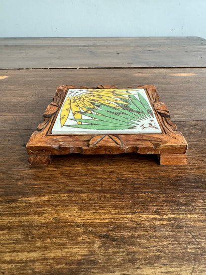 Wood Framed Tile Trivet with Yellow and Green Flower and Wood Trim Base