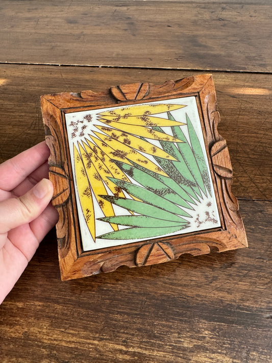 Wood Framed Tile Trivet with Yellow and Green Flower and Wood Trim Base