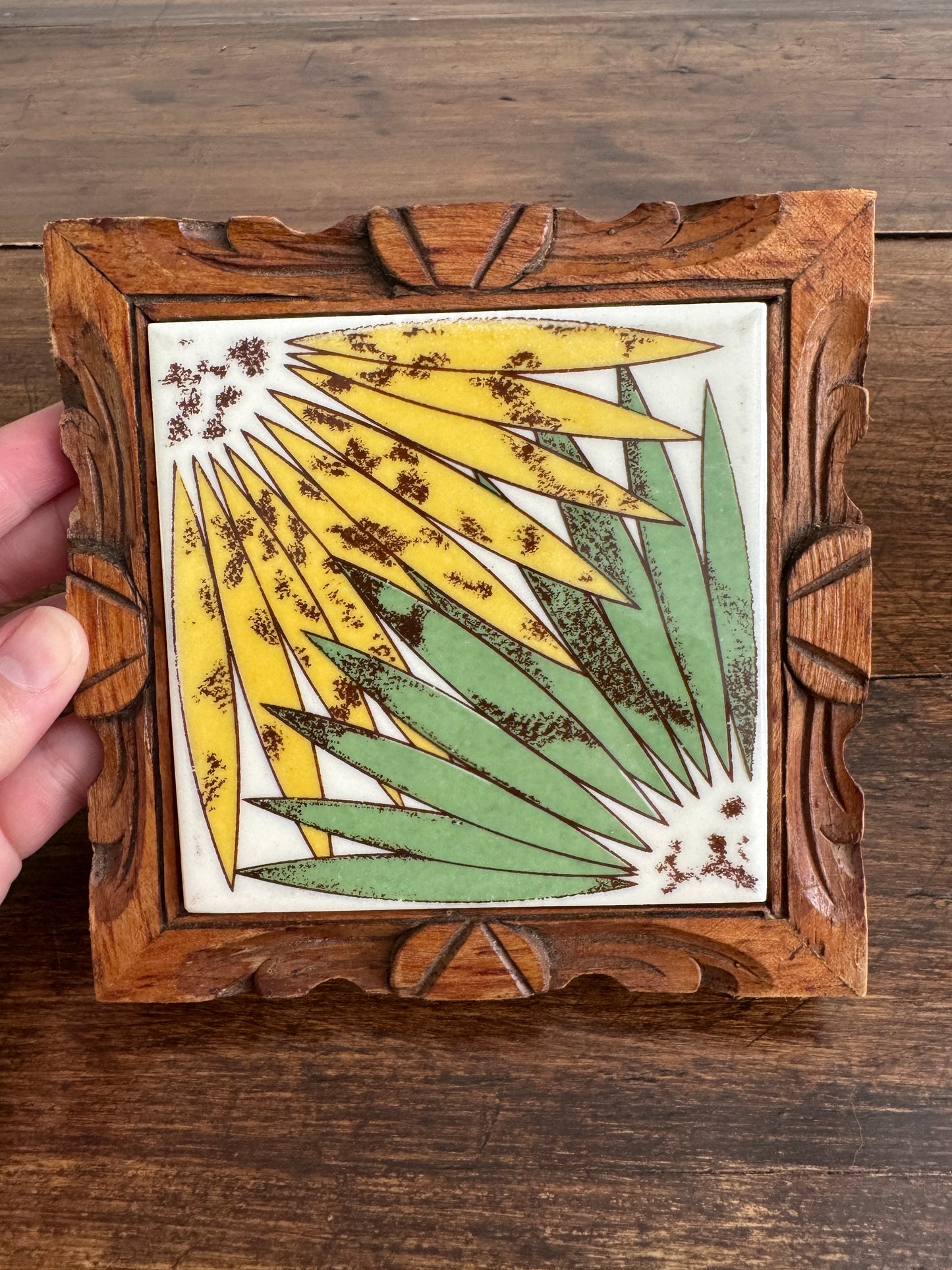 Wood Framed Tile Trivet with Yellow and Green Flower and Wood Trim Base