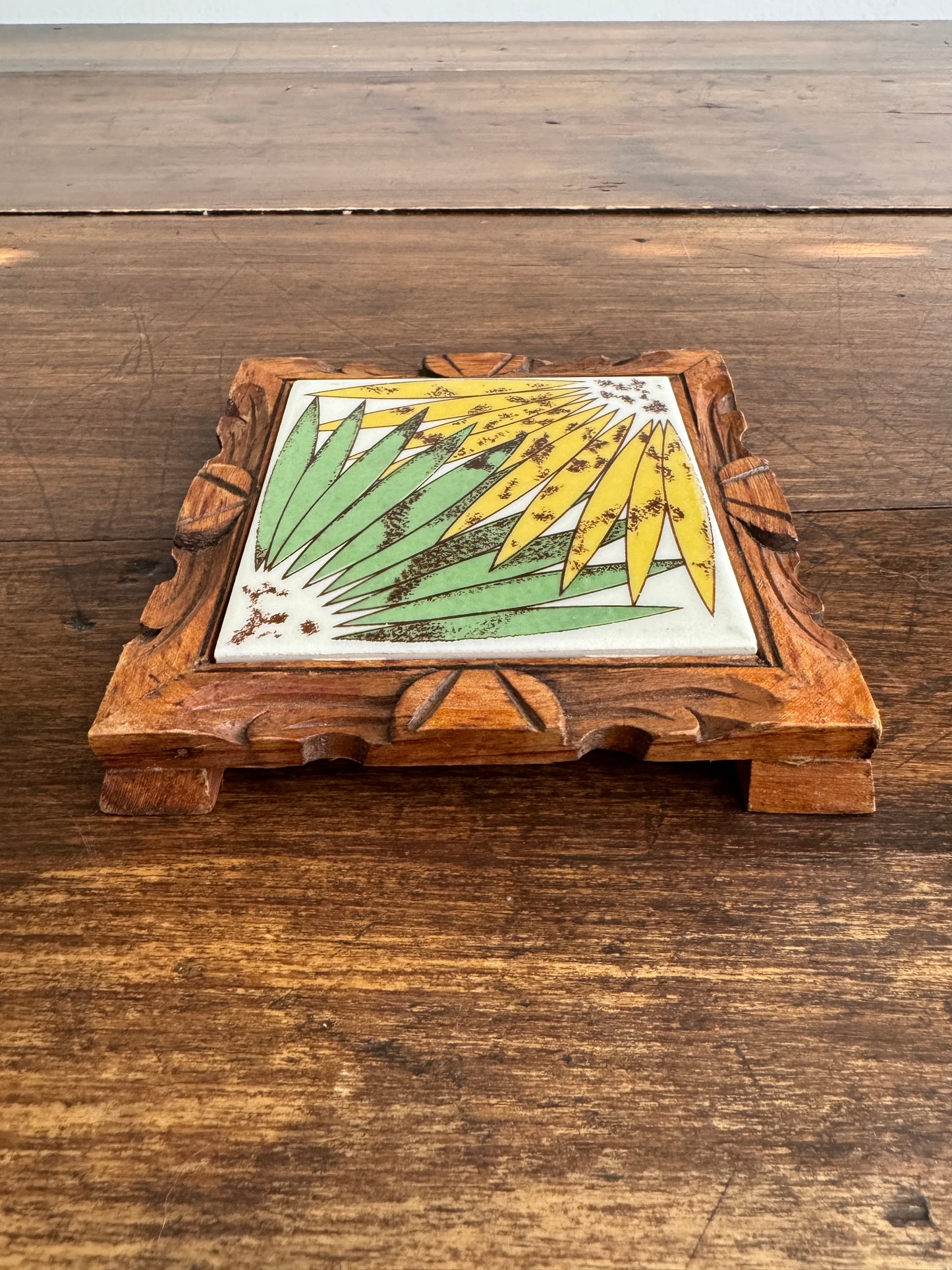 Wood Framed Tile Trivet with Yellow and Green Flower and Wood Trim Base