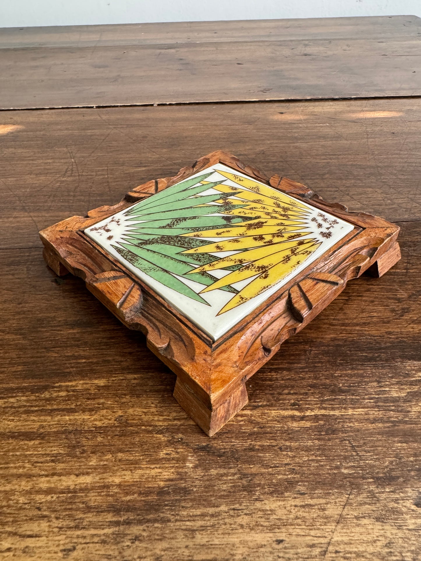 Wood Framed Tile Trivet with Yellow and Green Flower and Wood Trim Base