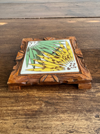 Wood Framed Tile Trivet with Yellow and Green Flower and Wood Trim Base