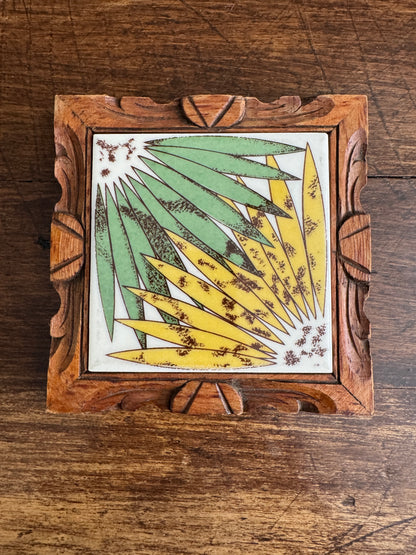 Wood Framed Tile Trivet with Yellow and Green Flower and Wood Trim Base