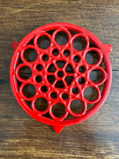 Vintage Red Enamel Cast Iron Trivet