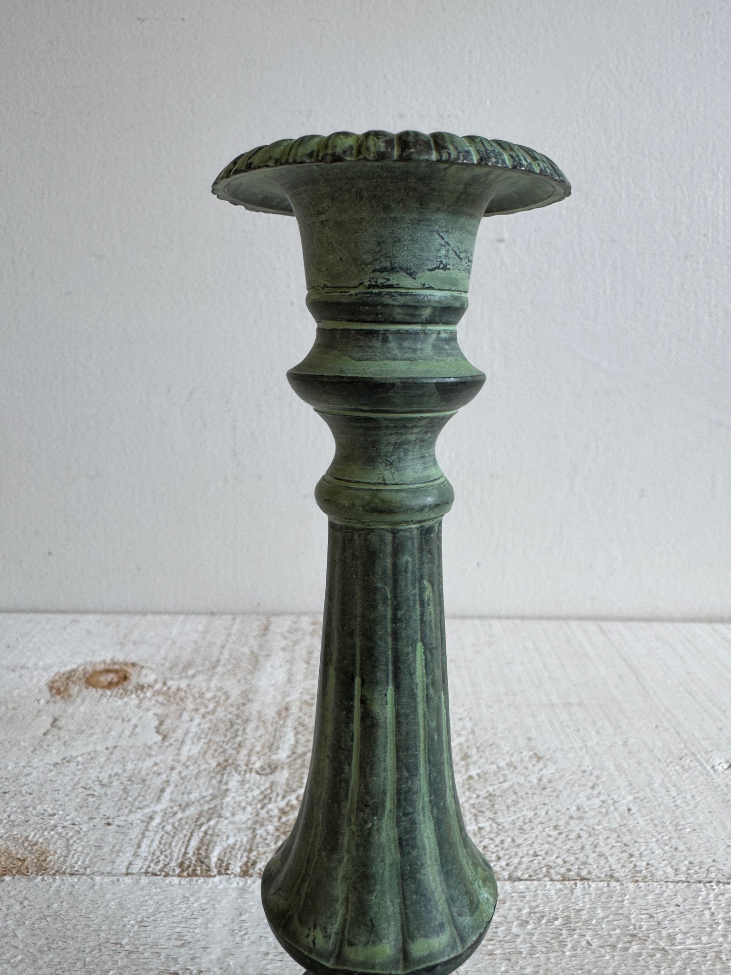 Faux Patina Blue/Green Metal Candlestick Holder