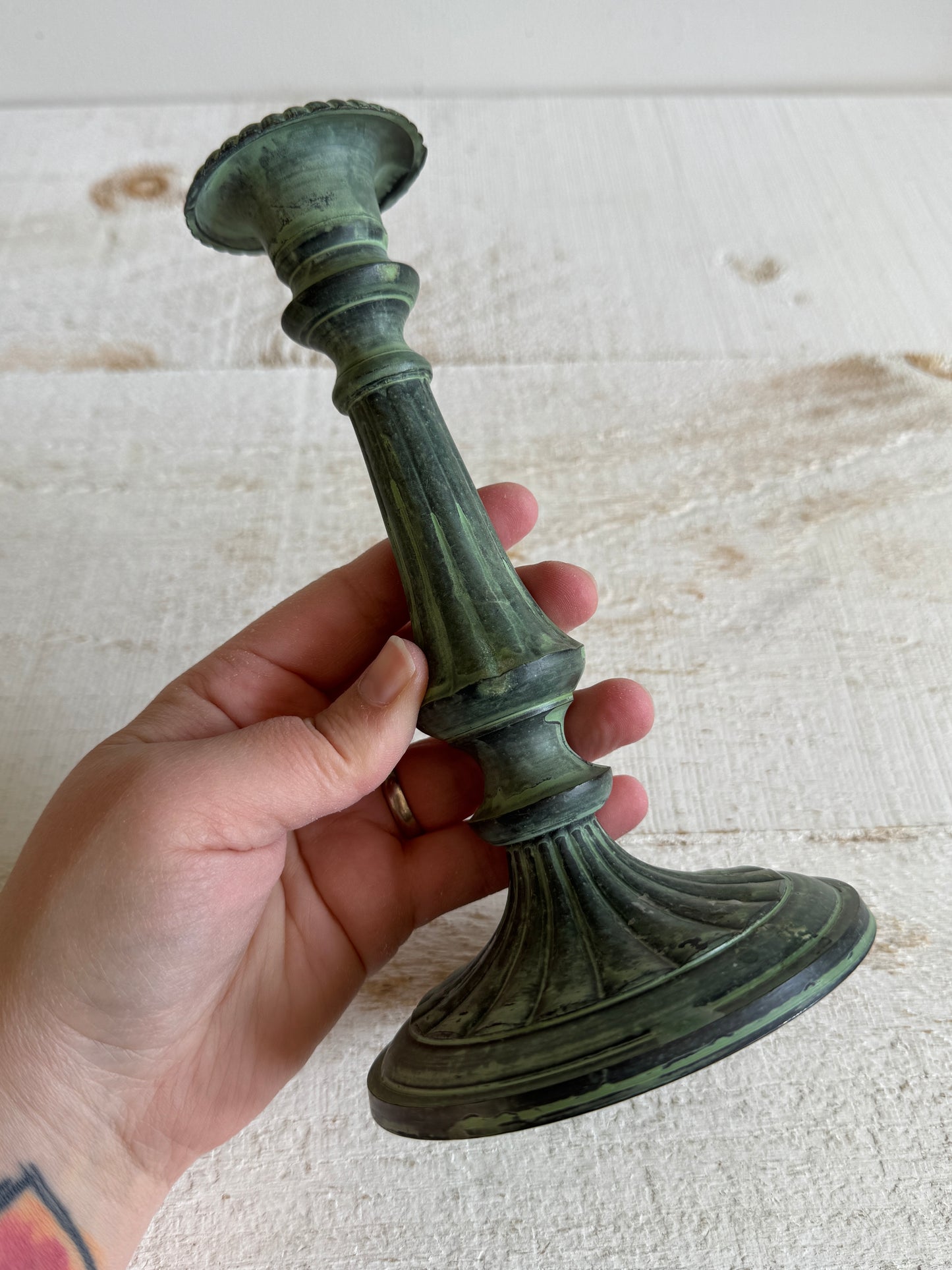 Faux Patina Blue/Green Metal Candlestick Holder