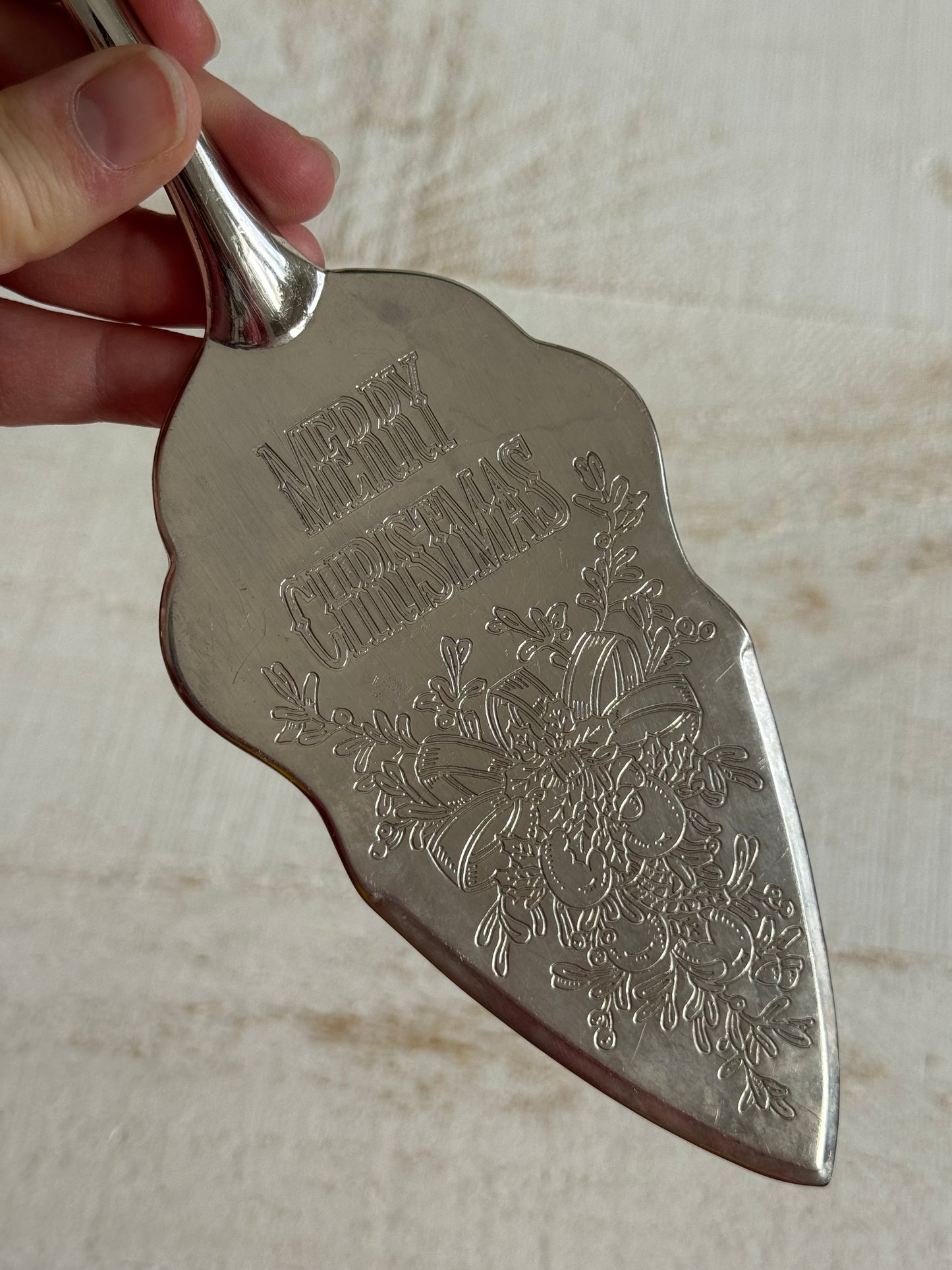 Vintage Silver Tone Etched Merry Christmas Cake Serving Utensil - Silver Tone Cake Knife Server