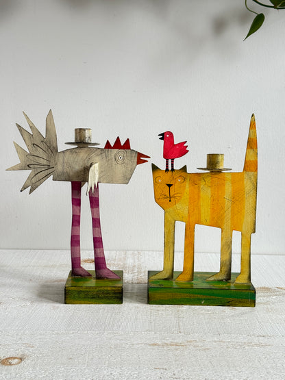 PICK ONE: Funky Folk Art Candle Holder - Acme Animal Cat OR Bird Folk Painted Candle Holder