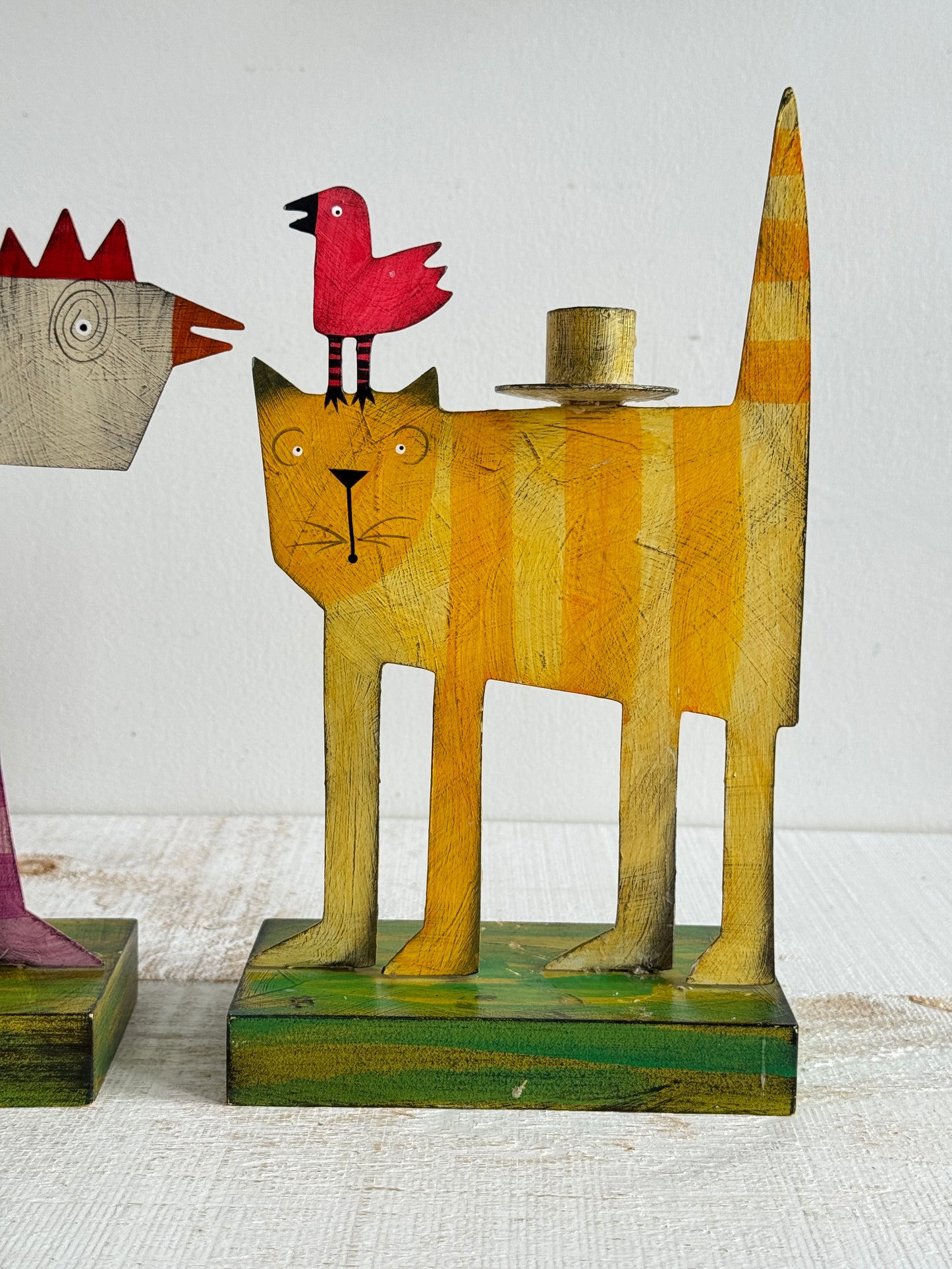 PICK ONE: Funky Folk Art Candle Holder - Acme Animal Cat OR Bird Folk Painted Candle Holder