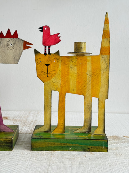 PICK ONE: Funky Folk Art Candle Holder - Acme Animal Cat OR Bird Folk Painted Candle Holder