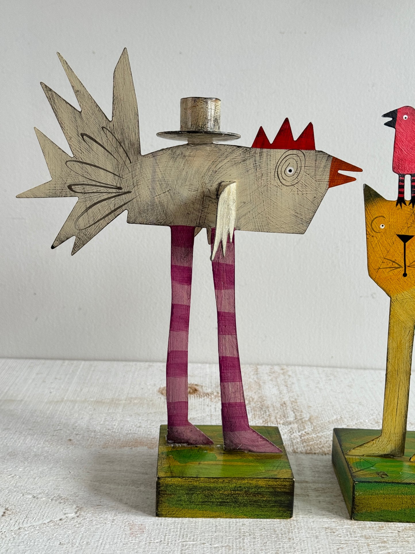 PICK ONE: Funky Folk Art Candle Holder - Acme Animal Cat OR Bird Folk Painted Candle Holder