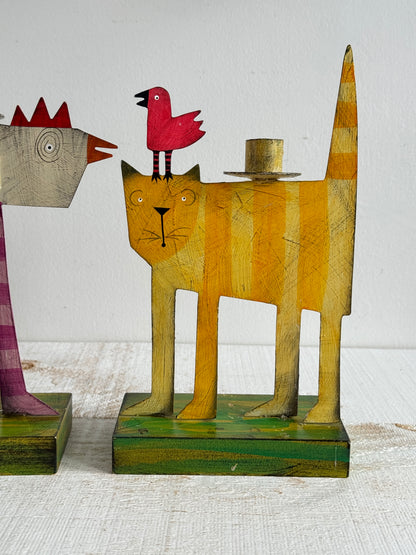 PICK ONE: Funky Folk Art Candle Holder - Acme Animal Cat OR Bird Folk Painted Candle Holder