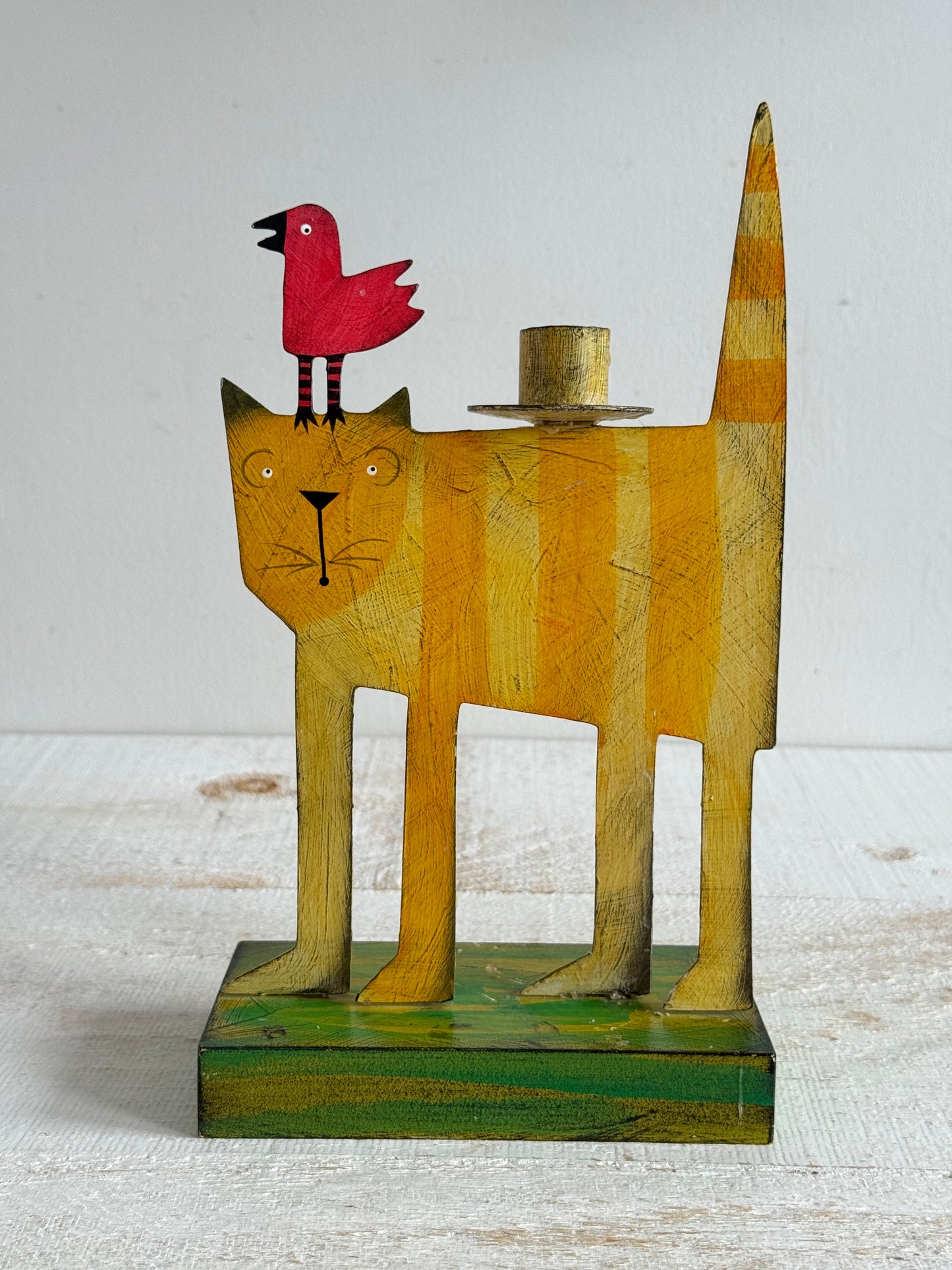 PICK ONE: Funky Folk Art Candle Holder - Acme Animal Cat OR Bird Folk Painted Candle Holder
